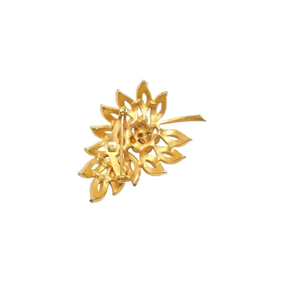 Clear Rhinestone Textured Leaf Brooch Pin Gold Tone Vintage - Picture 3 of 4
